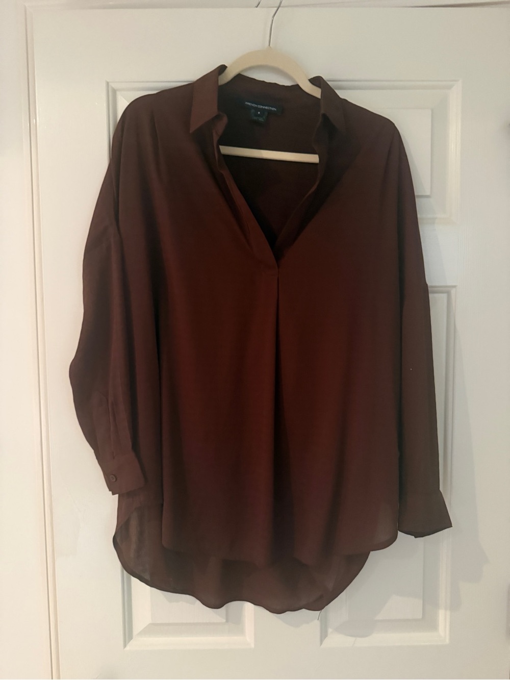 French Connection Brown Button-Down V-Neck Blouse